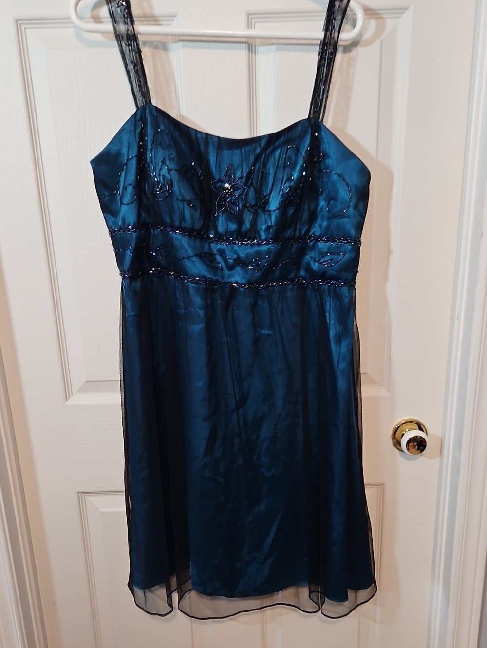 Beaded Teal Satin Evening Slip Dress